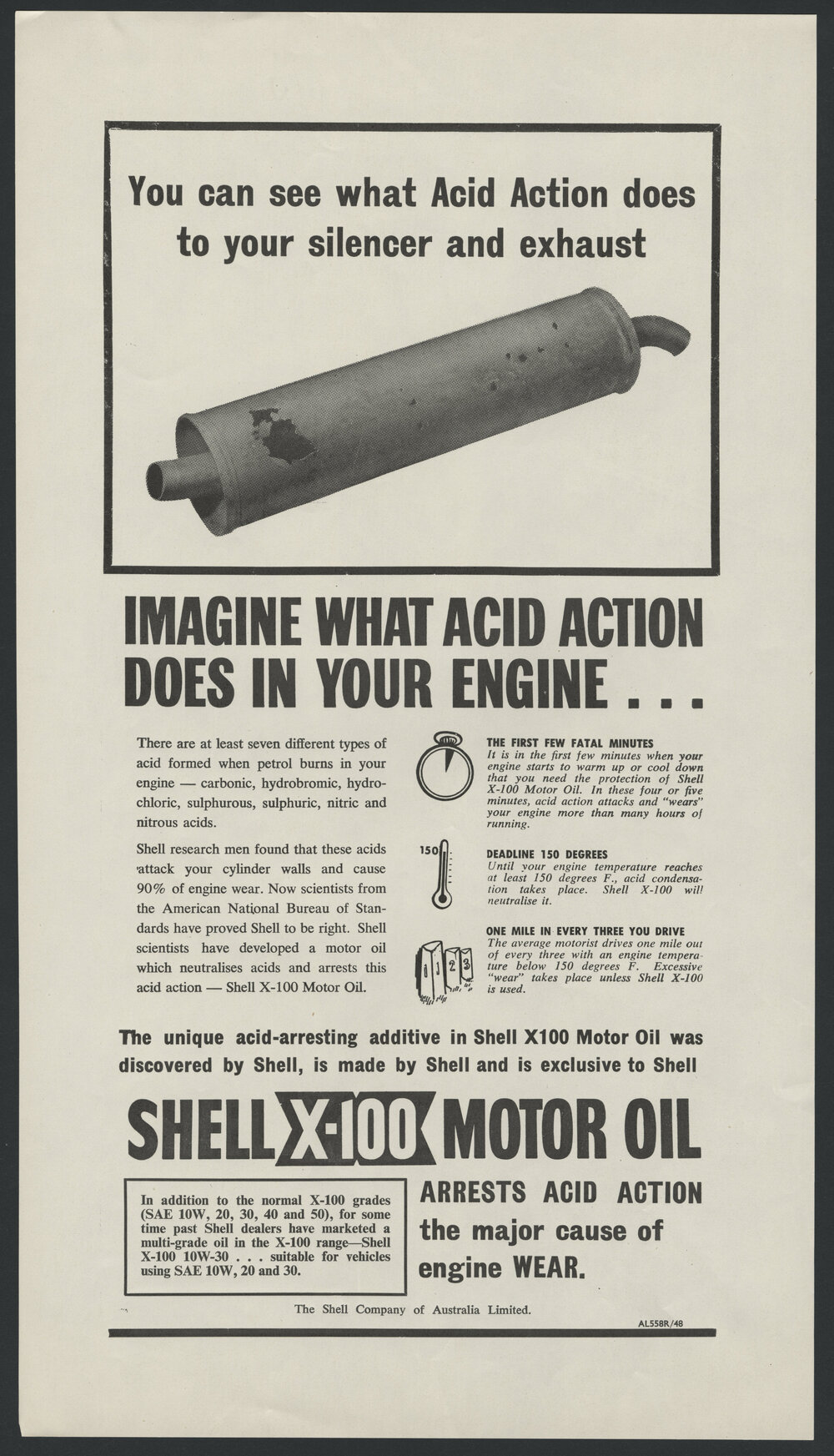 Collection of Shell Advertisements for  Shell X-100 motor oil [9 of many]