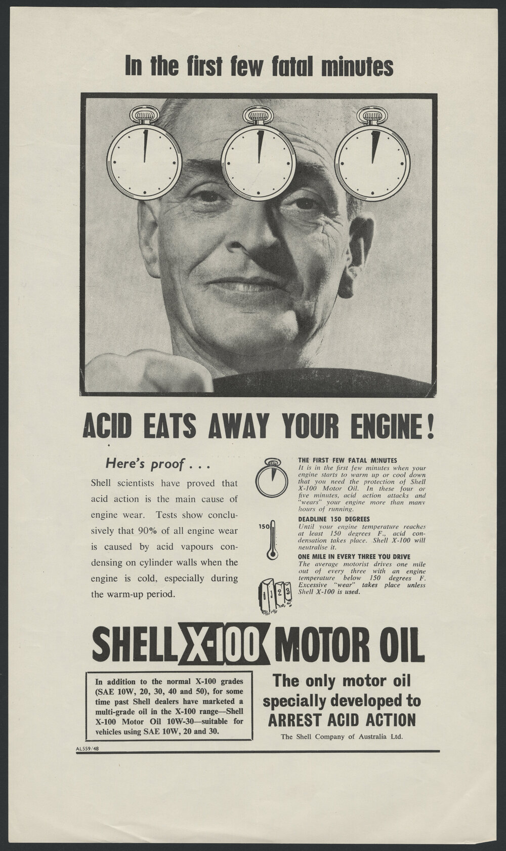 Collection of Shell Advertisements for  Shell X-100 motor oil [12 of many]