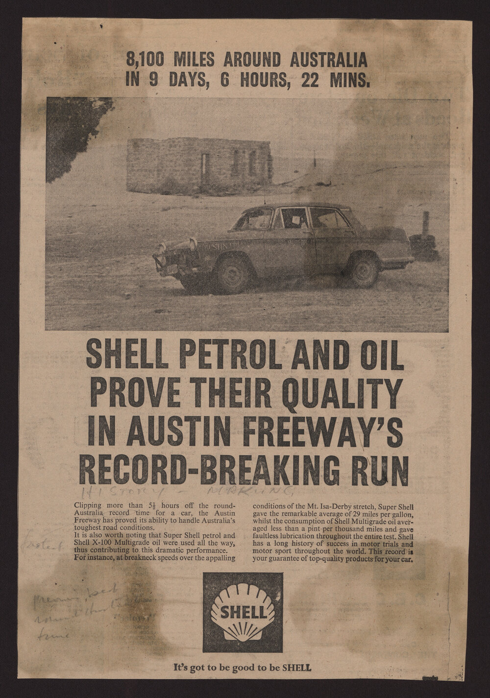 Press cuttings of Shell product advertising [18 of many]