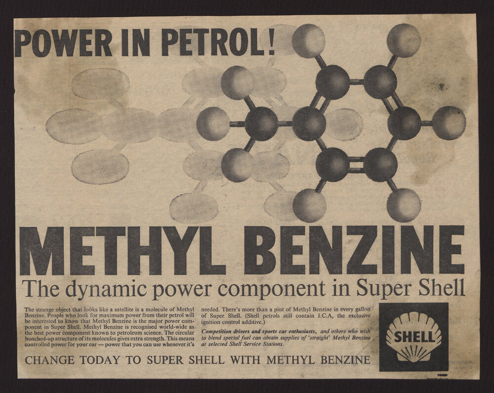 Press cuttings of Shell product advertising [19 of many]