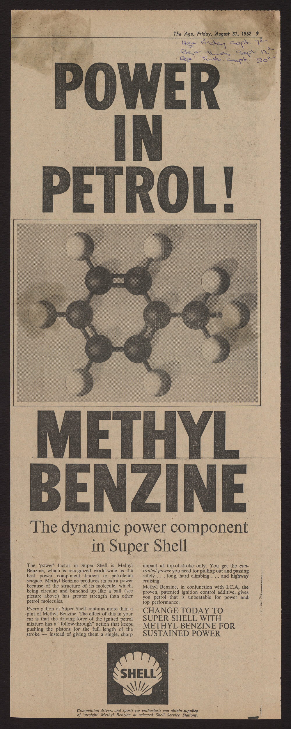 Press cuttings of Shell product advertising [21 of many]