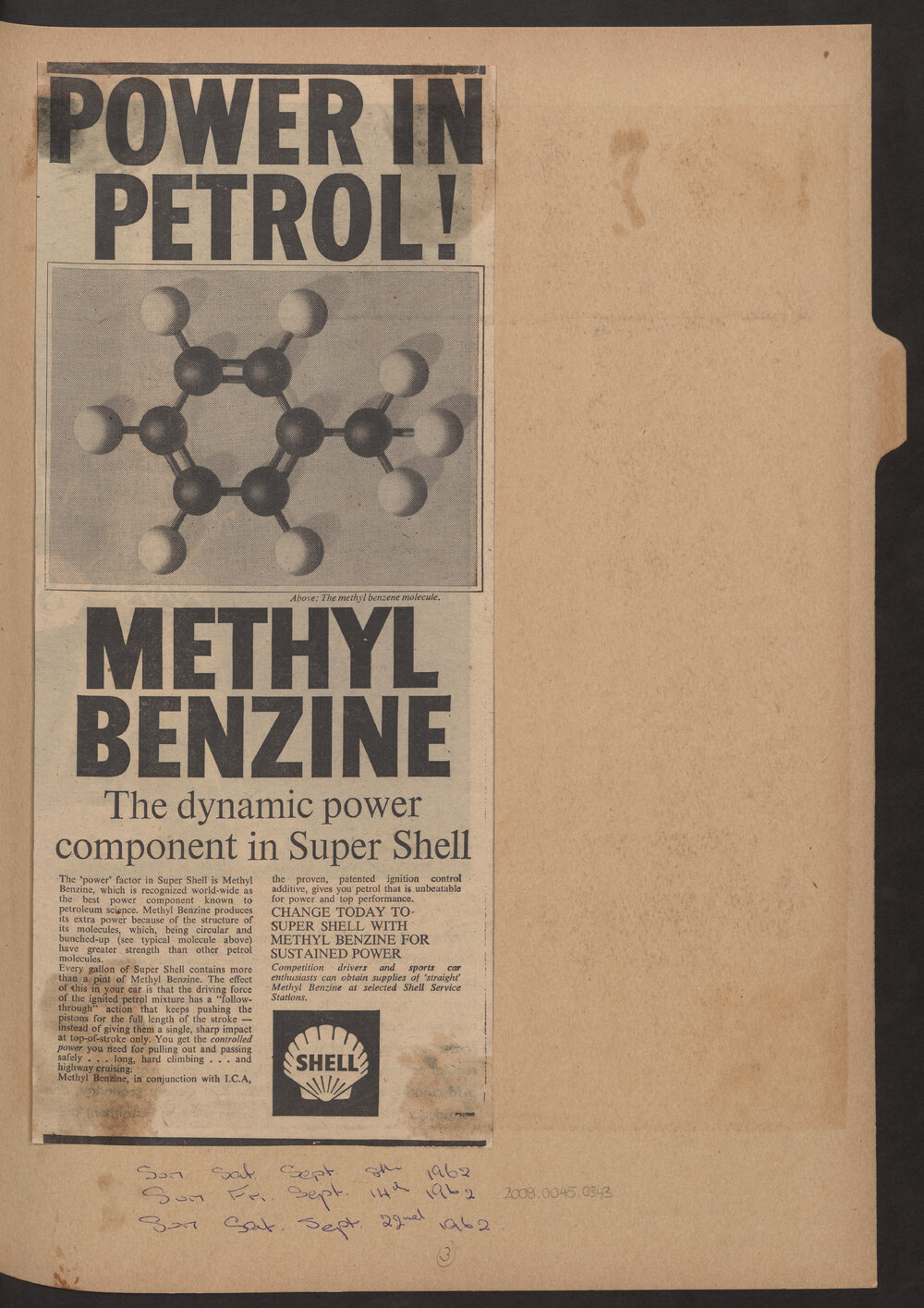 Press cuttings of Shell product advertising [24 of many]