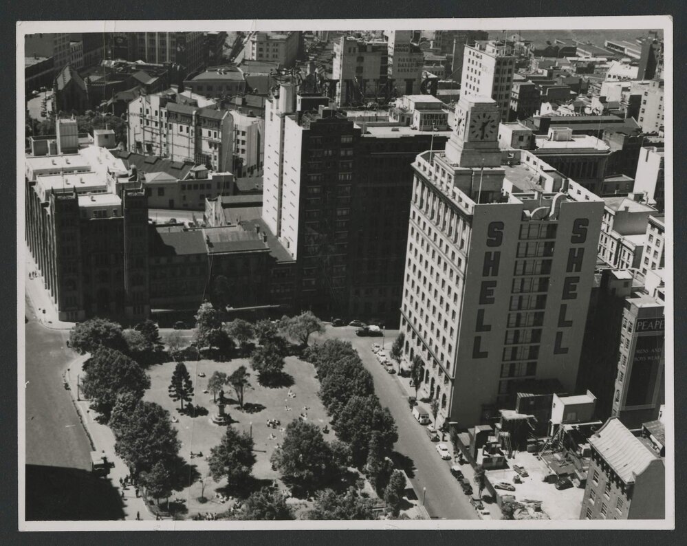 Shell House, Wynyard Park, Sydney Harbour Bridge  and North Shore in distance