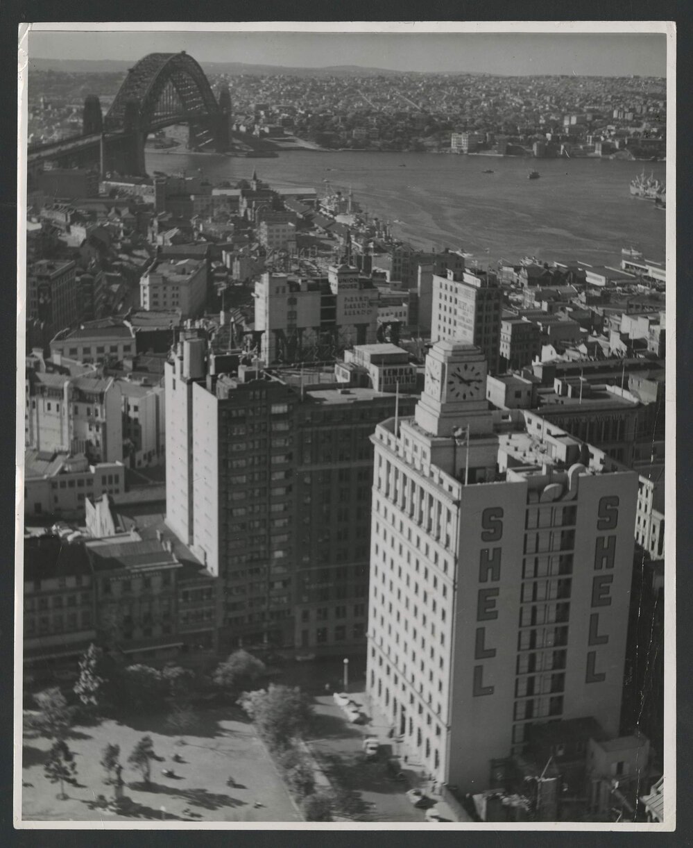 Shell House Wynyard Park, Sydney Harbour Bridge  and North Shore in distance