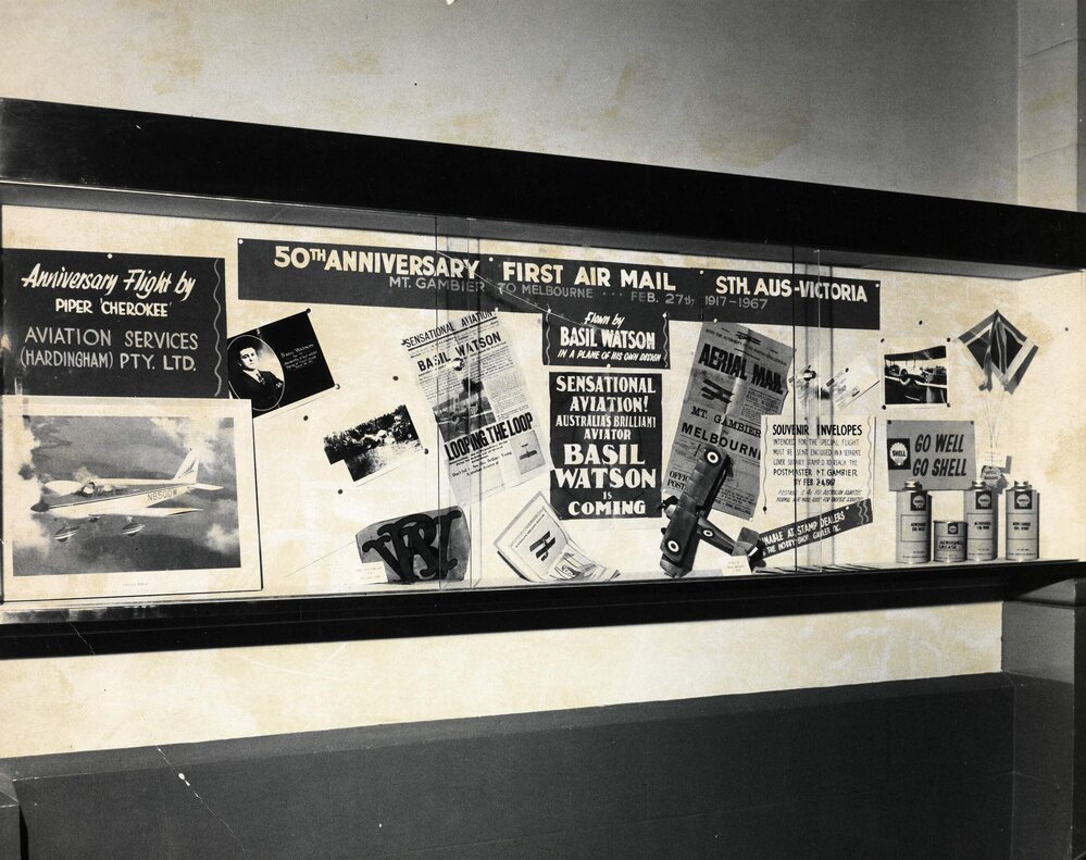 A showcase display at an unknown location promoting the 50th anniversary of the first airmail carried from South Australia to Victoria on February 27th 1917