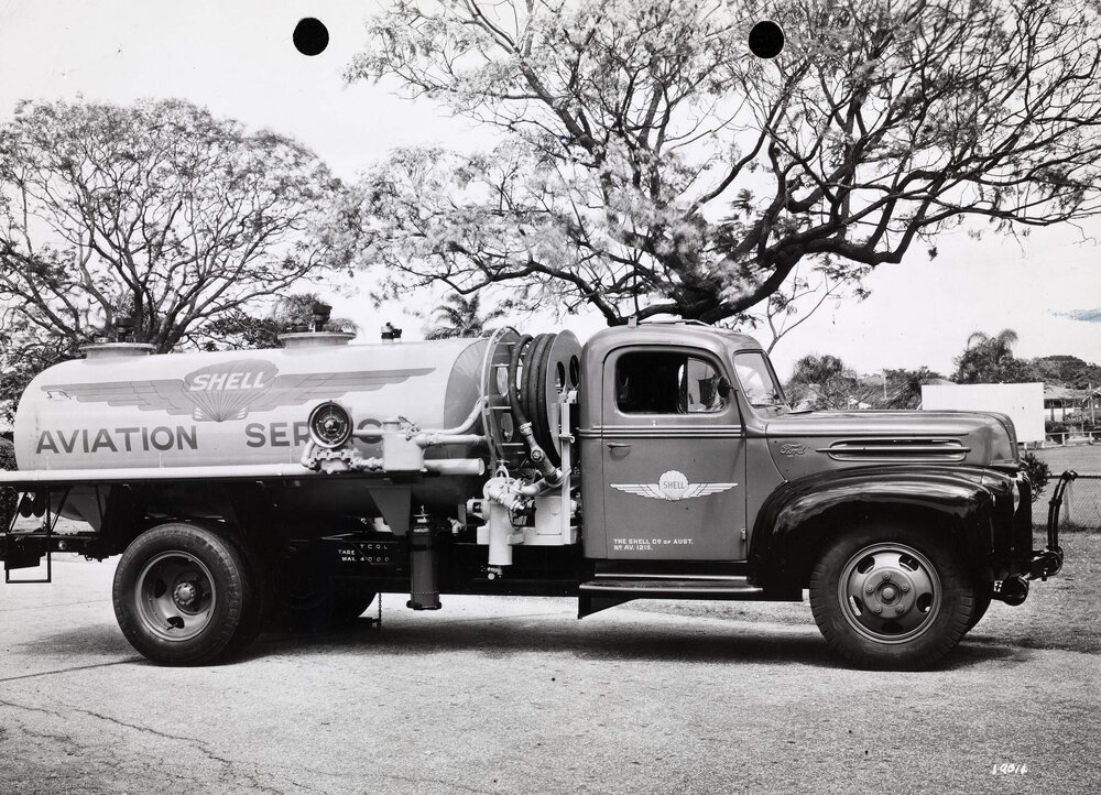 A Shell Aviation Service Ford pump tanker at an unknown location in Brisbane