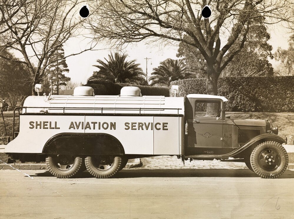 A Shell Aviation Service Ford Sussex pump tanker at an unknown location, possibly in Melbourne