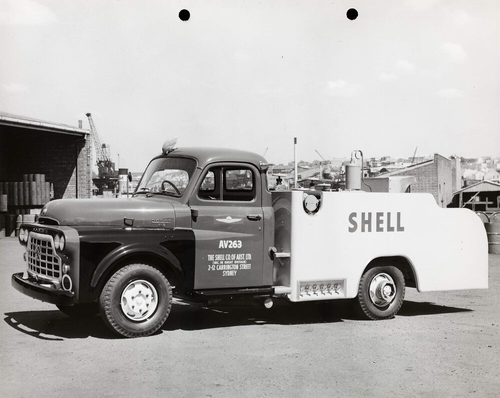 A small Dodge Shell Aviation Service pump vehicle at an unknown location in Sydney