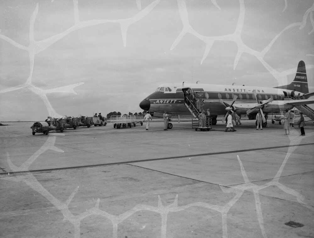 An Ansett-ANA British built Vickers Viscount 11 carrying Australian registration VH-RMI, on the apron of an unidentified Australian airport