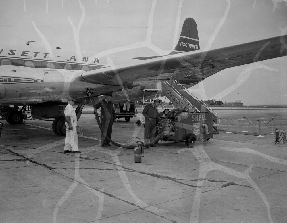 British built Ansett-ANA Vickers Viscount 11 being refuelled by Shell Australia workers on the apron of an unidentified Australian airport.