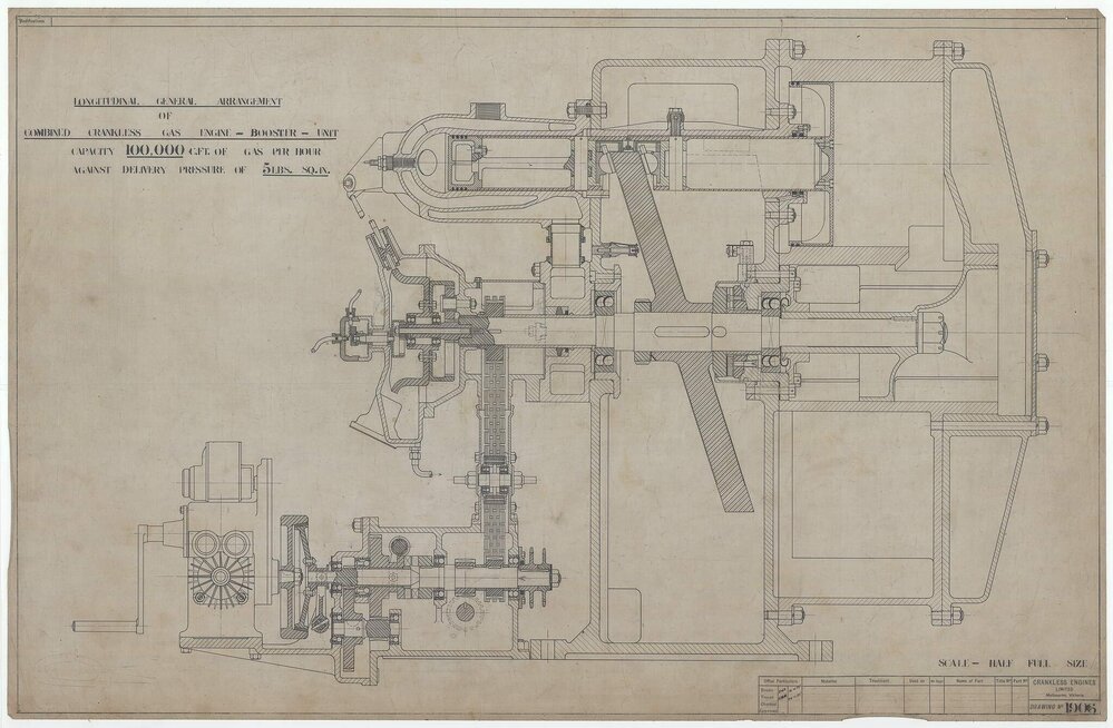 Longitudinal General Arrangement Combined Crankless Gas Engine-Booster-Unit
