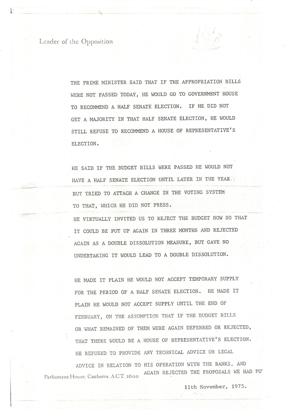 Typed notes of meeting between Liberal and Labor party figures 9am 11 November 1975