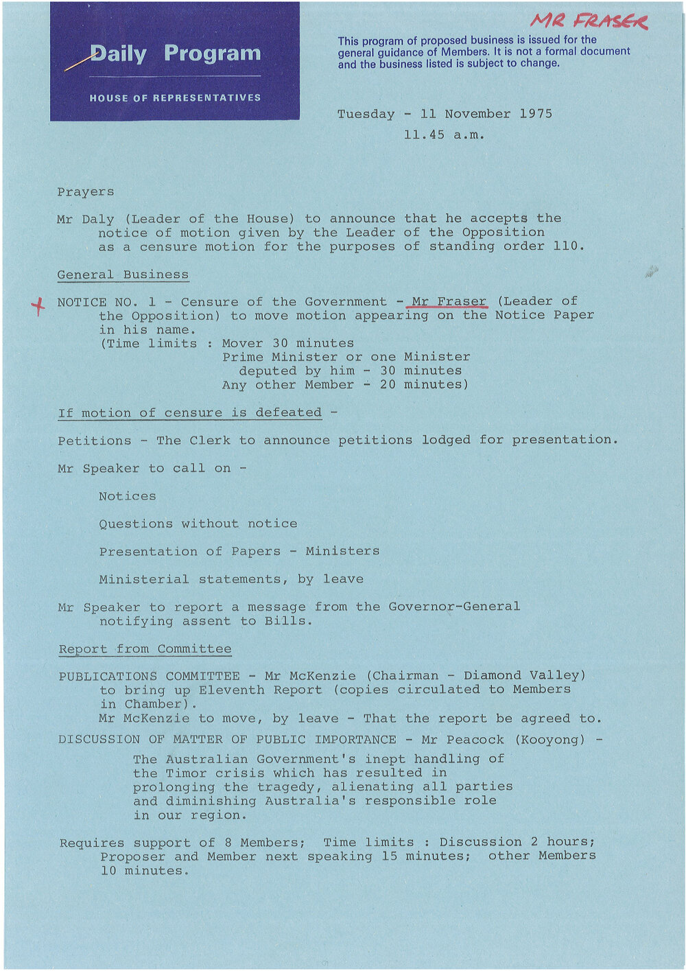 Documents relating to Censure Motion 11 November 1975