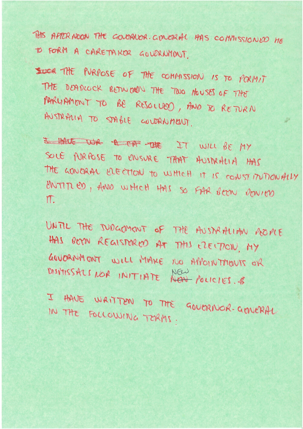Handwritten notes of speech by Malcolm Fraser to House 11 November 1975