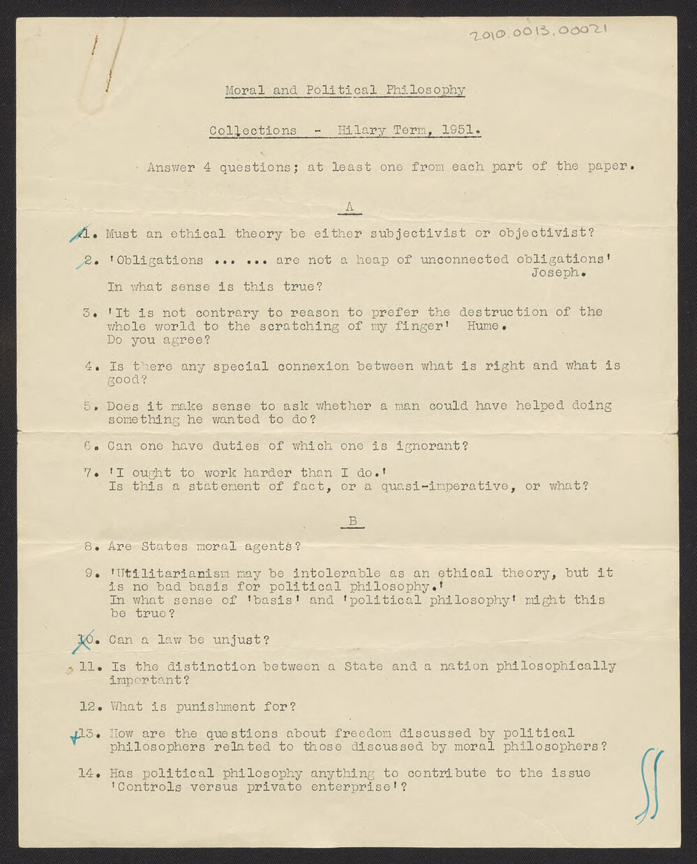 Moral and political philosophy. Collections - Hilary Term, 1951