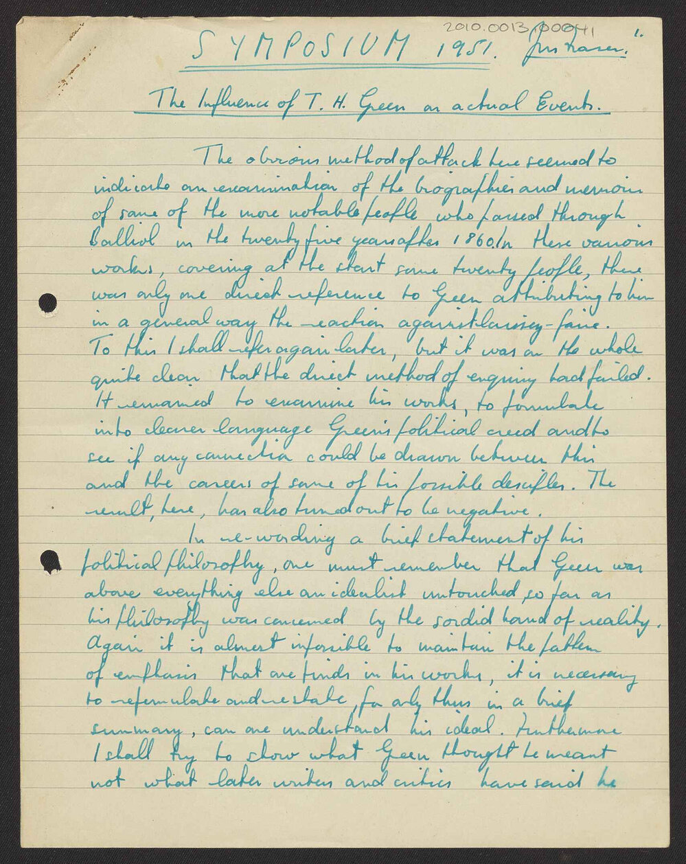 Symposium 1951: The influenec of TH Green on actual events