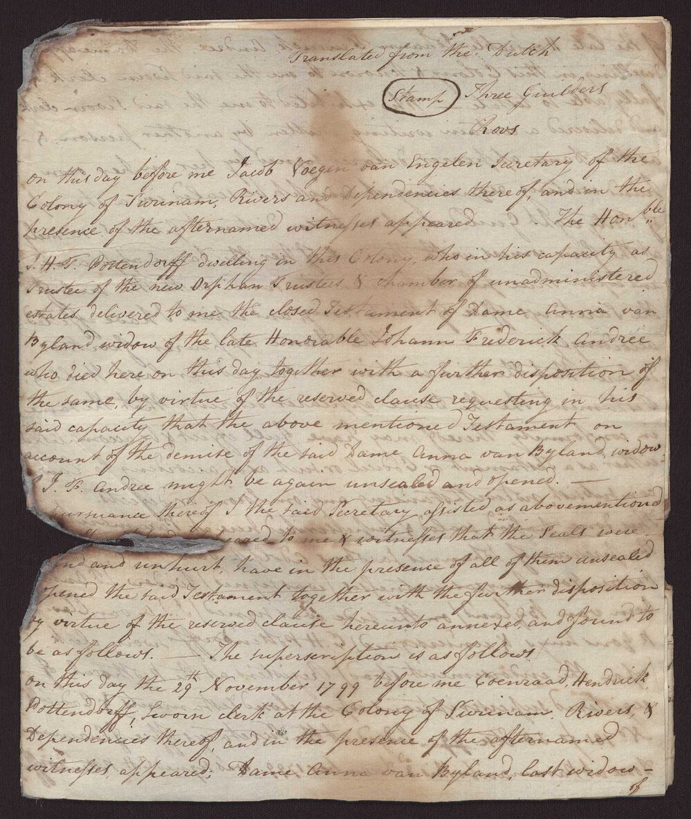 Will of Dame Anna Van Byland, Surinam