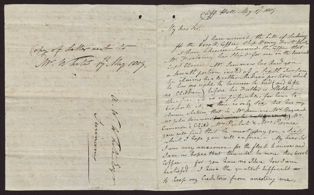 Letter Isaac Hayward, England to A W White, Surinam (Copy)
