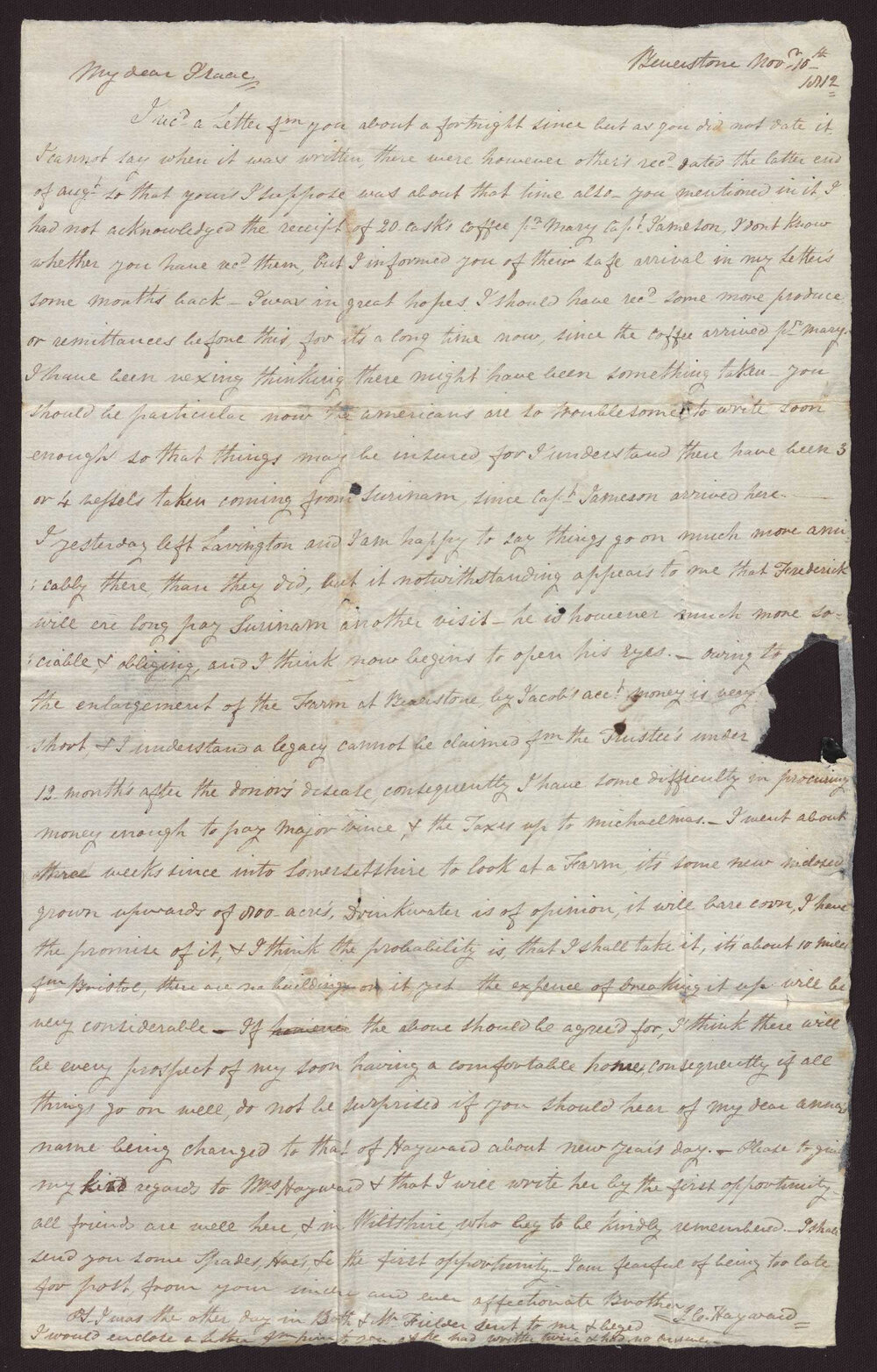 Letter J C Hayward, England to Isaac Hayward, Surinam, 10 November 1812