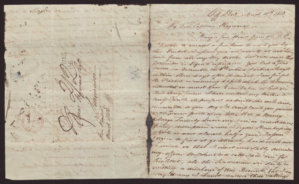 Letter J F A  Wiltens to Isaac Hayward, Surinam