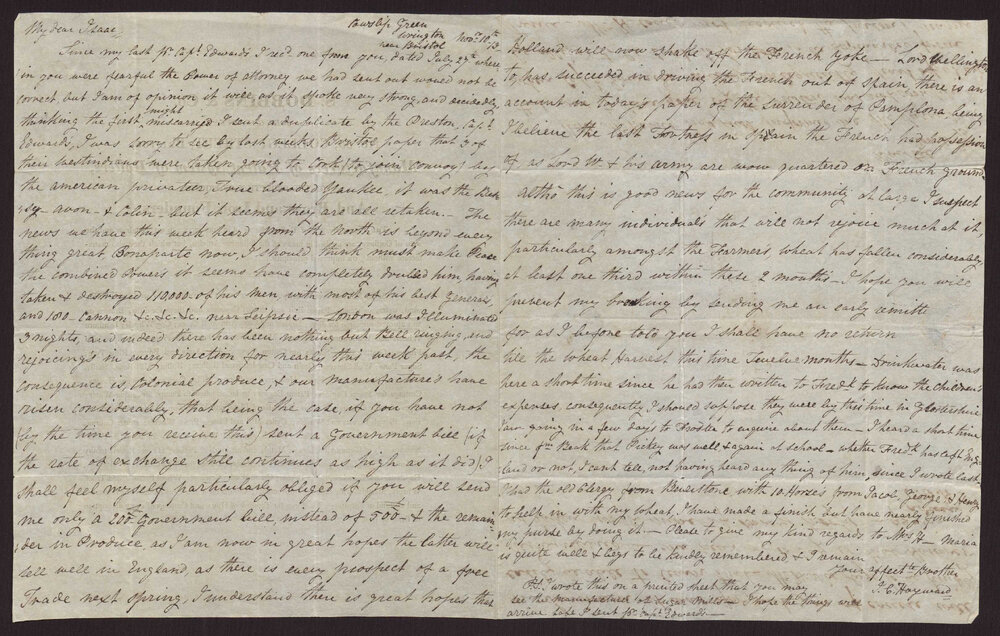 Letter J C Hayward, England to Isaac Hayward, Surinam, 10 November 1813