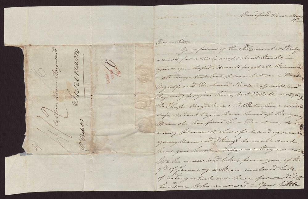 Letter Maria Hayward (Mrs J C H), England to Isaac Hayward, Surinam