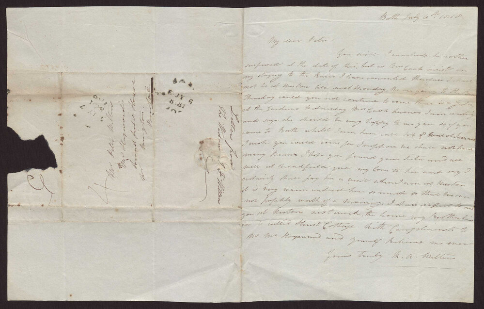 Letter (Mrs) M A Wiltens, Bath to M P W A, England