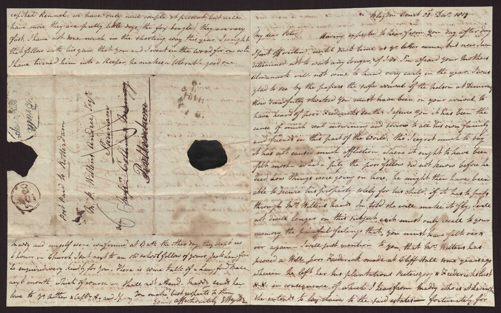 Letter E Wylde to M P W A, Surinam, 22 December 1819
