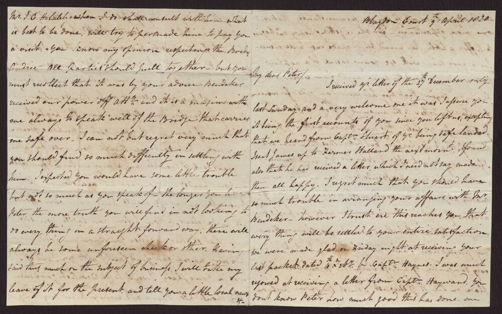 Letter E Wylde to M P W A, Surinam, 9 April 1820