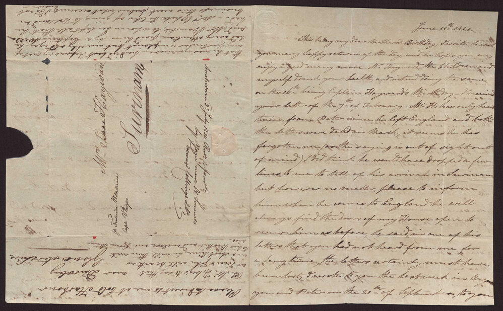 Letter A M C Hayward to Mrs Isaac Hayward, Surinam