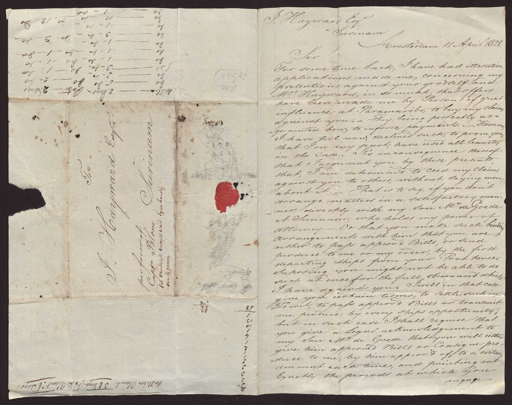 Letter Jacob Ruhle, Amsterdam to Isaac Hayward, Surinam
