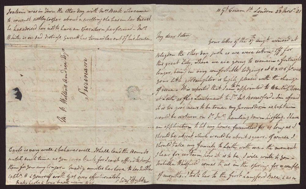 Letter Edward Wylde to M P W A, Surinam, 23 November 1821