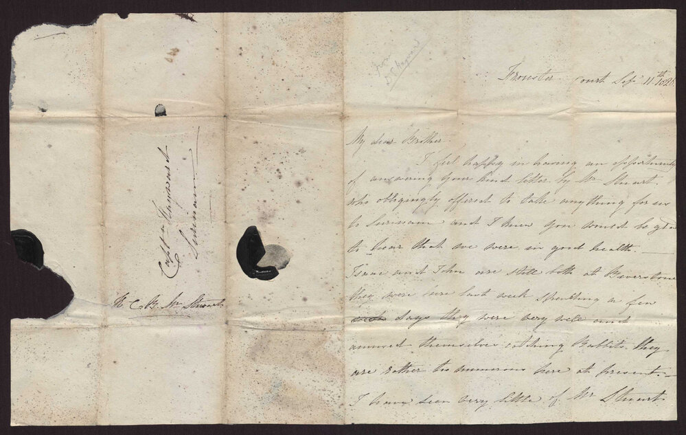 Letter Drinkwater Hayward to Isaac Hayward, Surinam