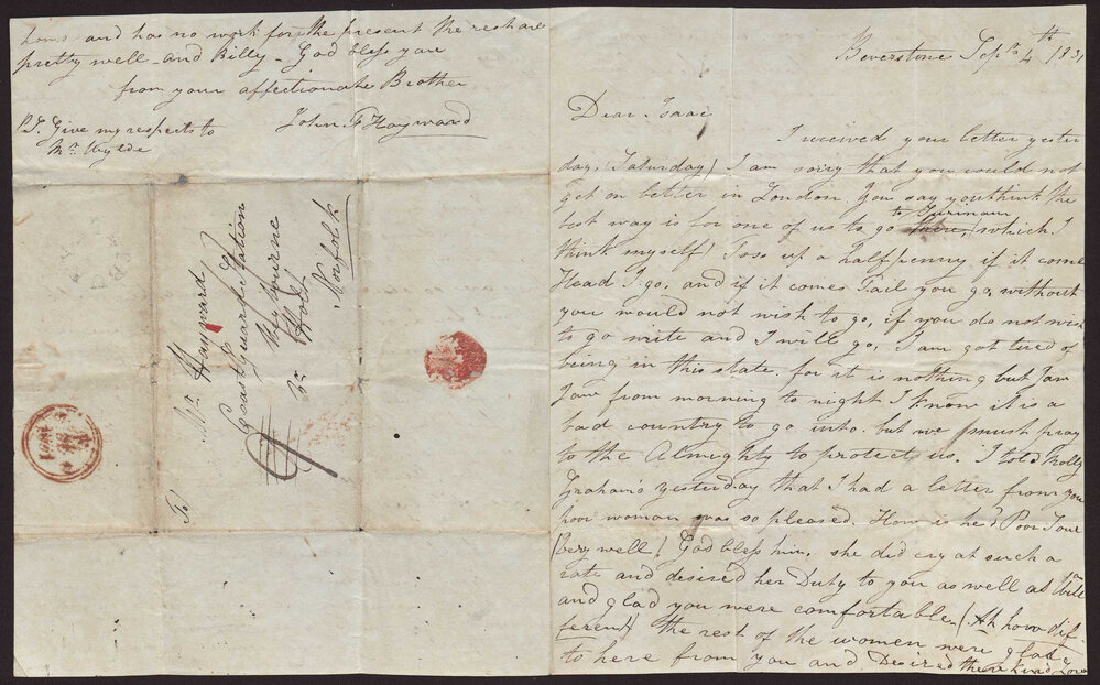 Letter John Fredk Hayward to his brother Isaac Hayward, Weybourne, Norfolk