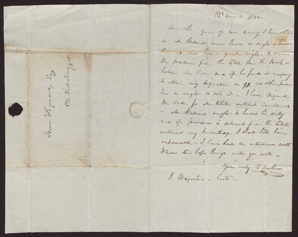 Letter T Trask to Isaac Hayward, Surinam