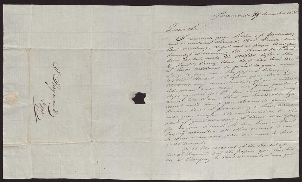 Letter Vlier to Isaac Hayward, Surinam, 30 December 1832