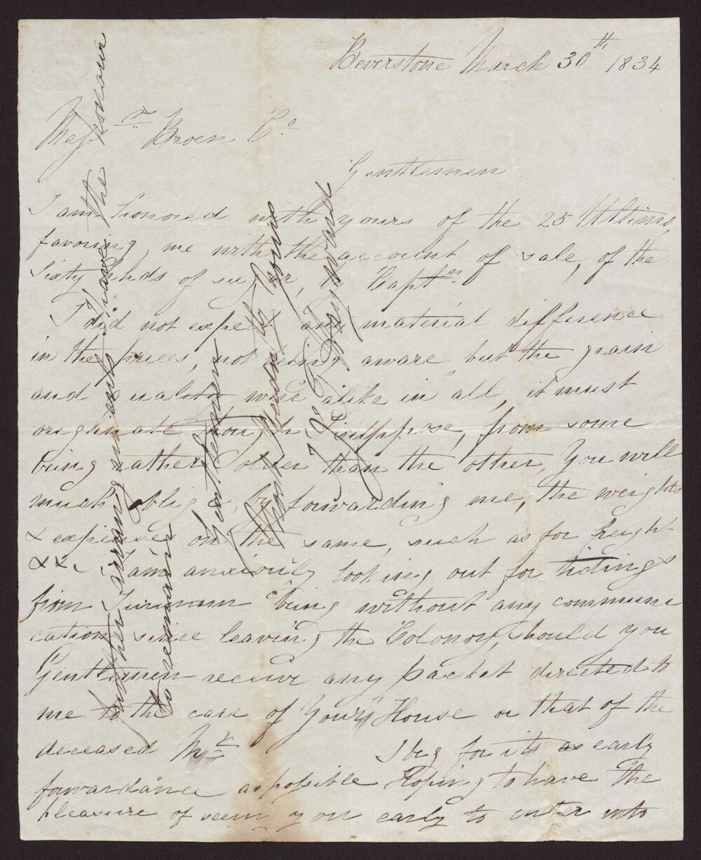 Letter I J T Hayward, Beverstone to Broen and Co, Amsterdam