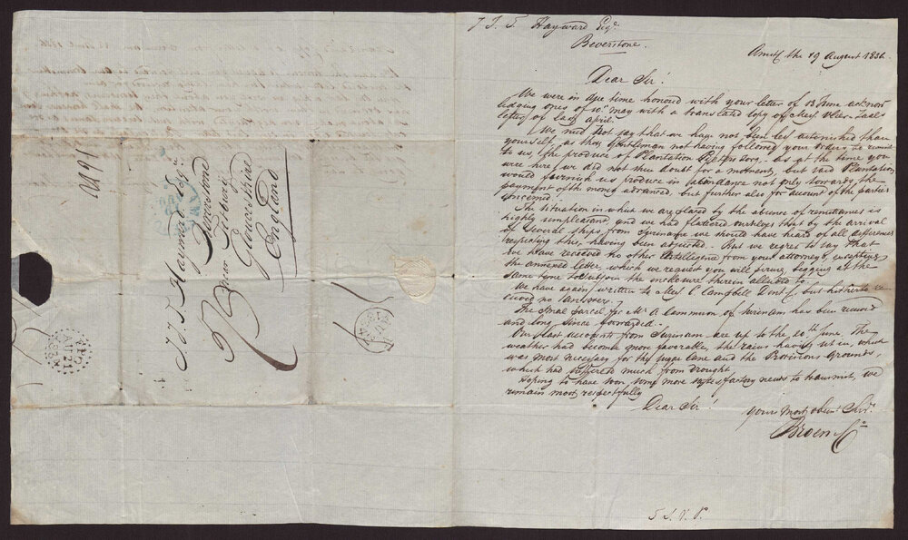 Letter Broen and Co, Amsterdam to I J T Hayward, Beverstone, 19 August 1834