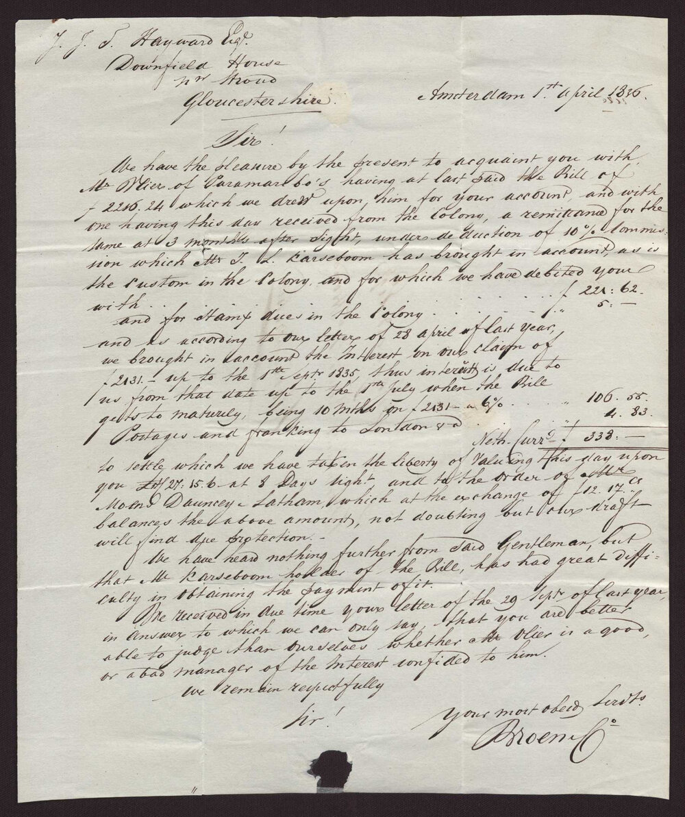 Letter Broen and Co to  I J T Hayward, Stroud, 1 April 1836