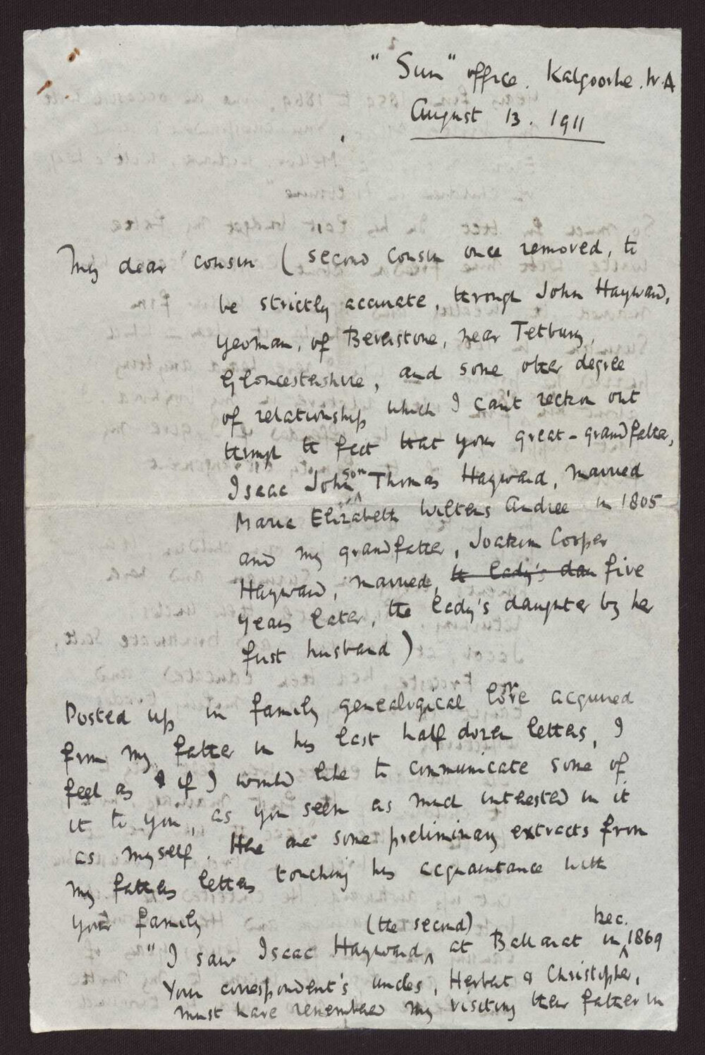 C W A H, Kalgoorlie W A to F G H, 13 August 1911