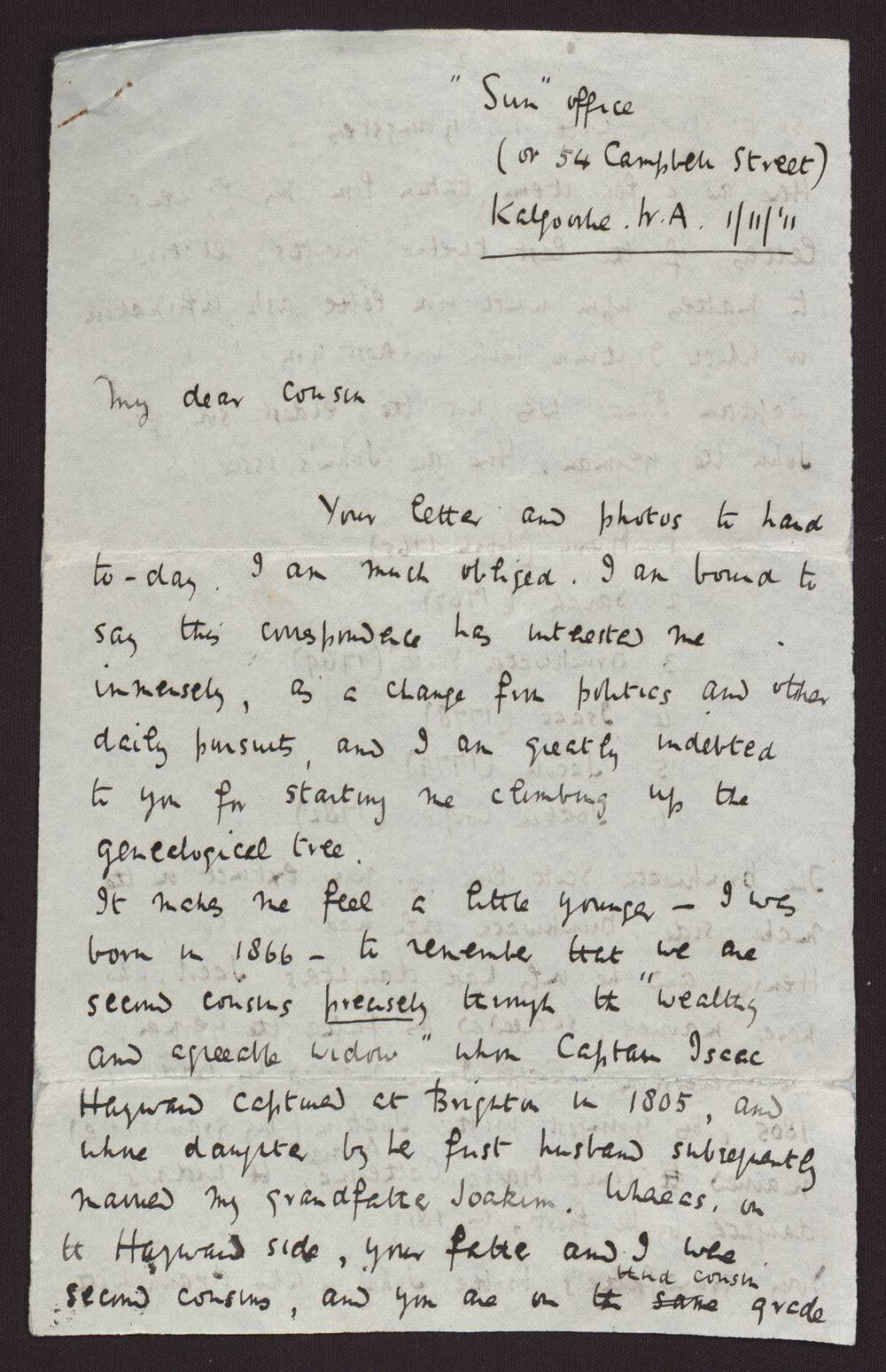 C W A H, Kalgoorlie W A to F G H, 1 November 1911