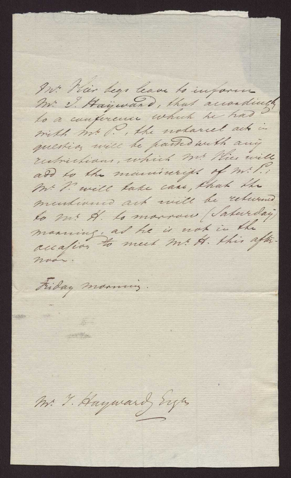 Letter to Isaac Hayward from unkown author