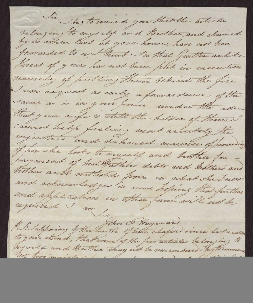 Letter John F Hayward to J C Hayward