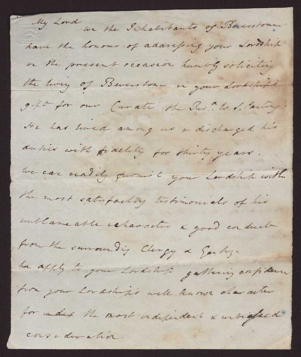 Letter Isaac Hayward (jnr) on behalf of Rev WS Panting