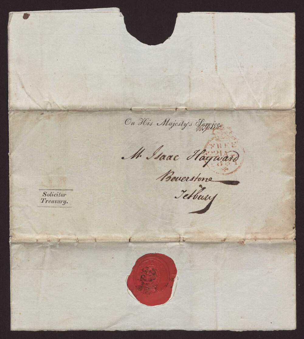Letter Cha Bourehier [?], Lincoln's Inn to Isaac Hayward, Beverstone, Tetbury