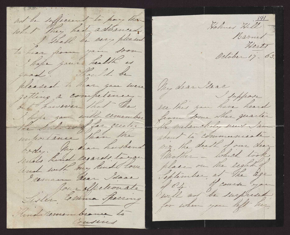 Letter  Emma Sperring, Barnet Hertfordshire [?] to brother, Isaac Hayward