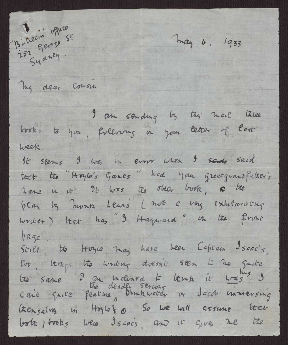 Letter C W Andree Hayward, George Street, Sydney to Cousin