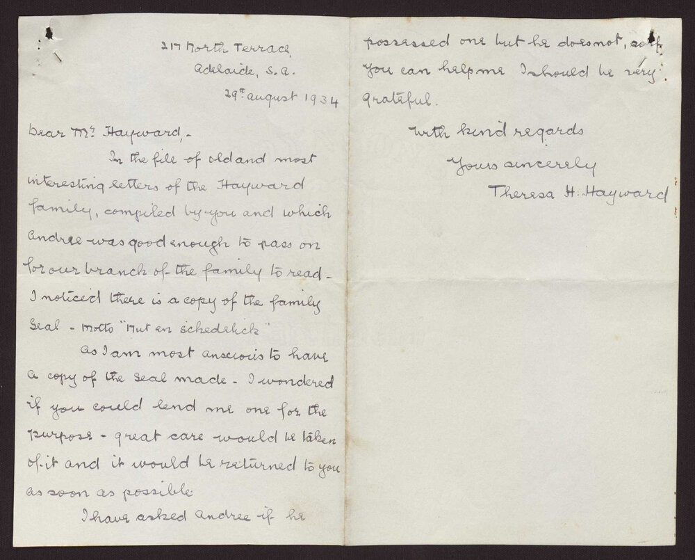 Letter Theresa H Hayward to Mr Hayward