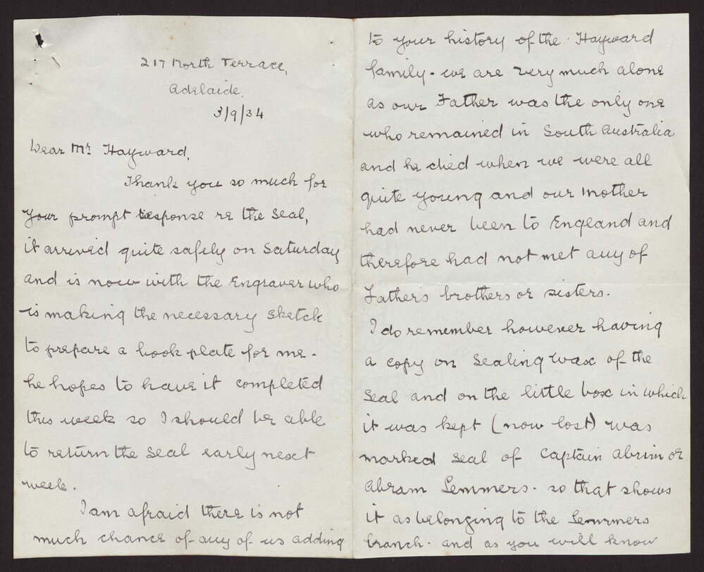 Letter Theresa H Hayward to Mr Hayward