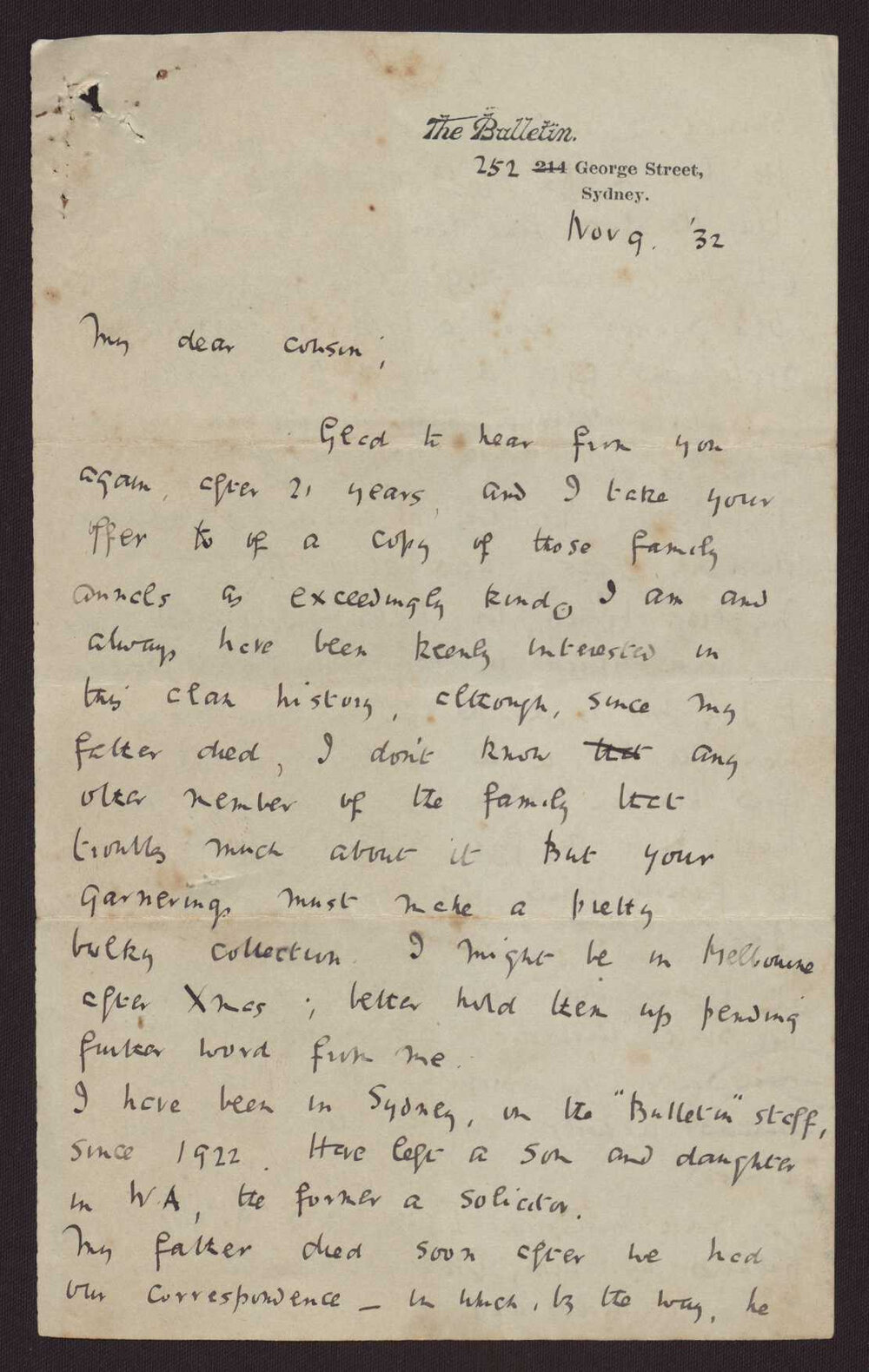 Letter C W Andree Hayward to Cousin